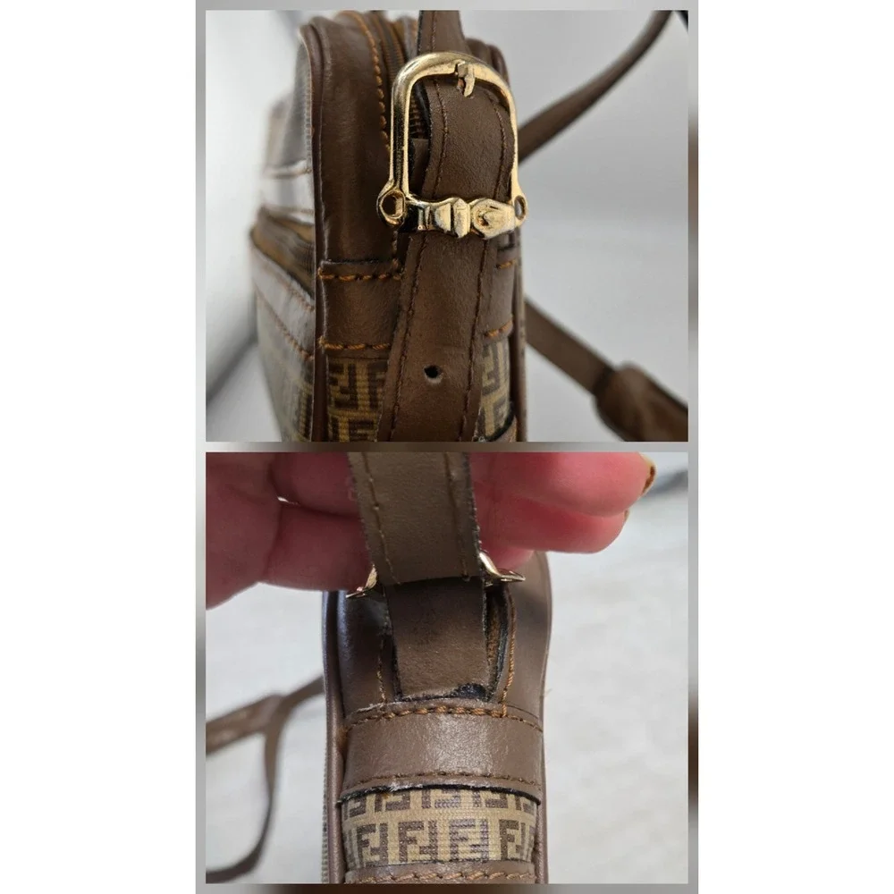 Fendi Vintage Zucca Monogram Crossbody Bag Brown Canvas Leather Camera Bag